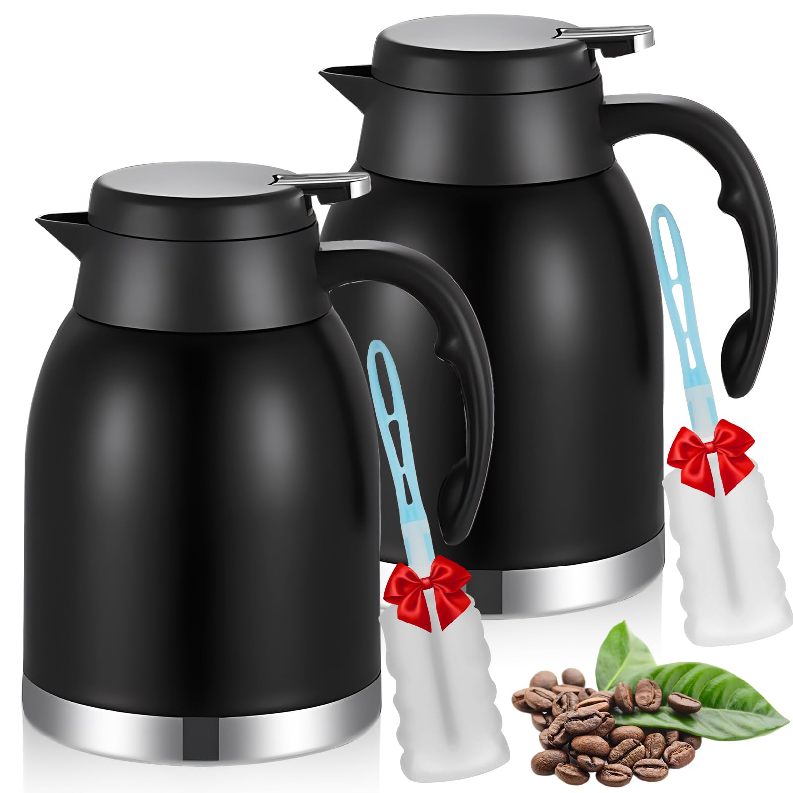 Stainless Steel Thermal Coffee Carafe Dispenser with Brush,Unbreakable Double Wall Vacuum Thermos Flask Large Capacity 56oz 1.6L Water Tea Pot Beverage Pitcher for Valentine's Day(Matte Black,2Pack)