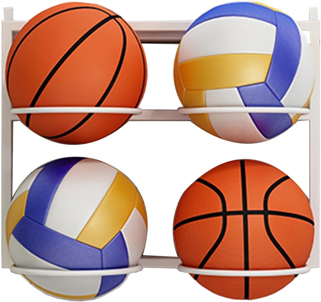 Sports Ball Organizer Holder Shelf Wall-Mounted Sports Ball Rack, Portable Home Metal Storage Stand for Basketball/Soccer/Volleyball Display, Foldable Balls Basket (White 4 Balls)