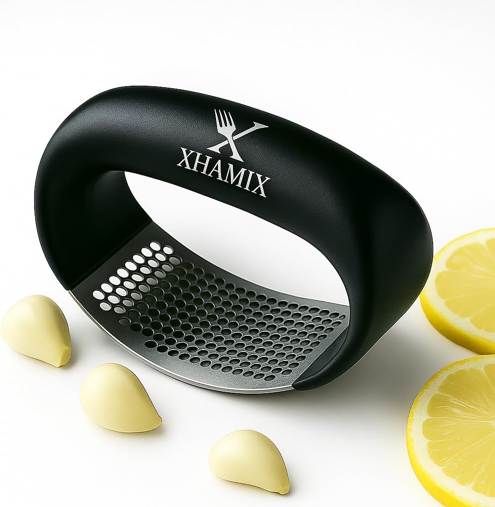 XHAMIX® Stainless Steel Garlic Press Rocker – Effortless Garlic Crusher & Mincer with Ergonomic Grip | Rust-Proof, Dishwasher Safe Garlic Tool for Home & Kitchen