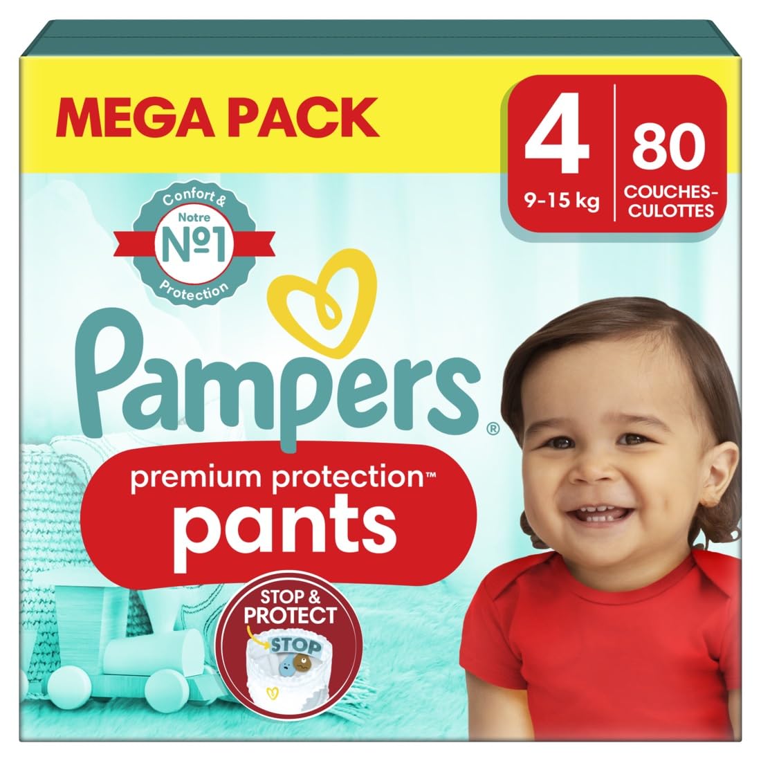 Pampers Premium Protection Couches-Culottes Taille 4, 80 Culottes, 9Kg - 15Kg, Culottes Pampers N°1 pour le Confort et le Maintien, Facile À Enfiler