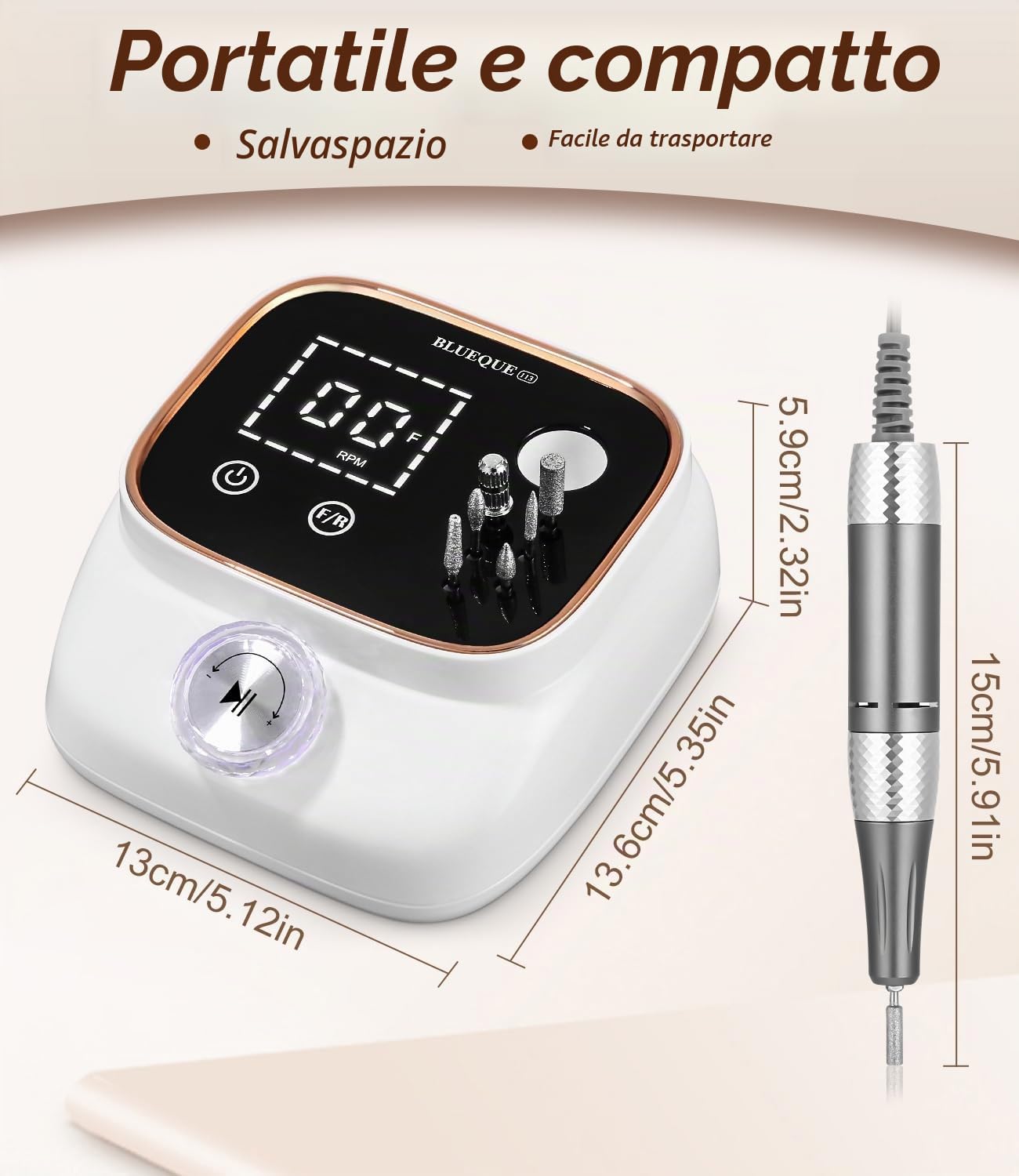 Zawaer Fresa per Unghie 45,000RPM, Professionale Lima Elettrica per Unghie, Touchscreen, con Punta in Ceramica Kit Unghie, Salone Manicure Set e Pedicure Elettrico per Semipermanente Gel Oro