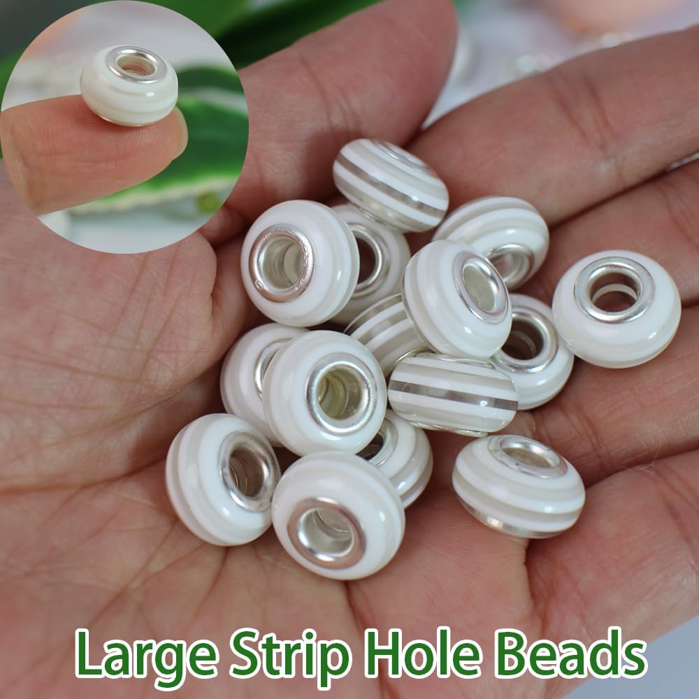 White Strip Large Hole Beads for Jewelry Making140pcs 14mm Rondelle Slide Charm Beads for Bracelet Big Hole Space Resin Pen Beads European Craft Beads for DIY (PT401) - Image 4