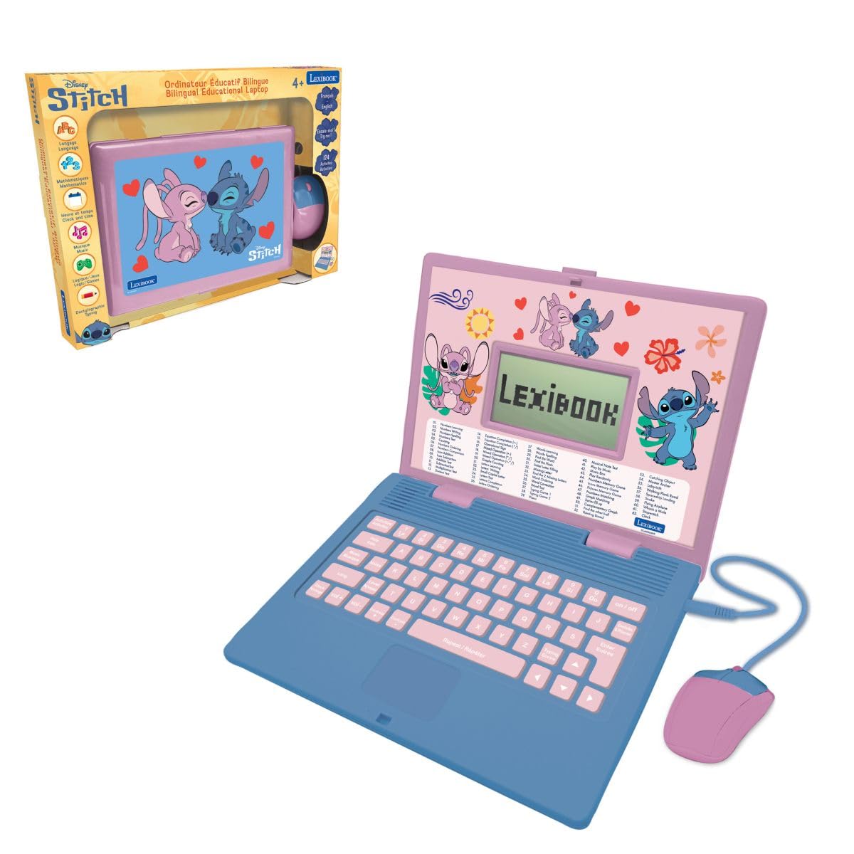 Lexibook, Disney Stitch, Dwujęzyczny Laptop Edukacyjny, 124 Aktywności (Angielski i Francuski), Ekran 2.8’’, Prawdziwa Klawiatura i Mysz, Nauka i Gry, Różowy i Niebieski, JC498DI1