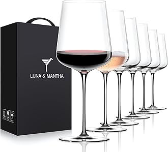 LUNA & MANTHA Wine Glasses Set of 6, 15 oz Crystal Red Wine Glass with Stem, Hand Blown, Ideal for Daily Use, Party, Great Gift for Birthdays, Christmas