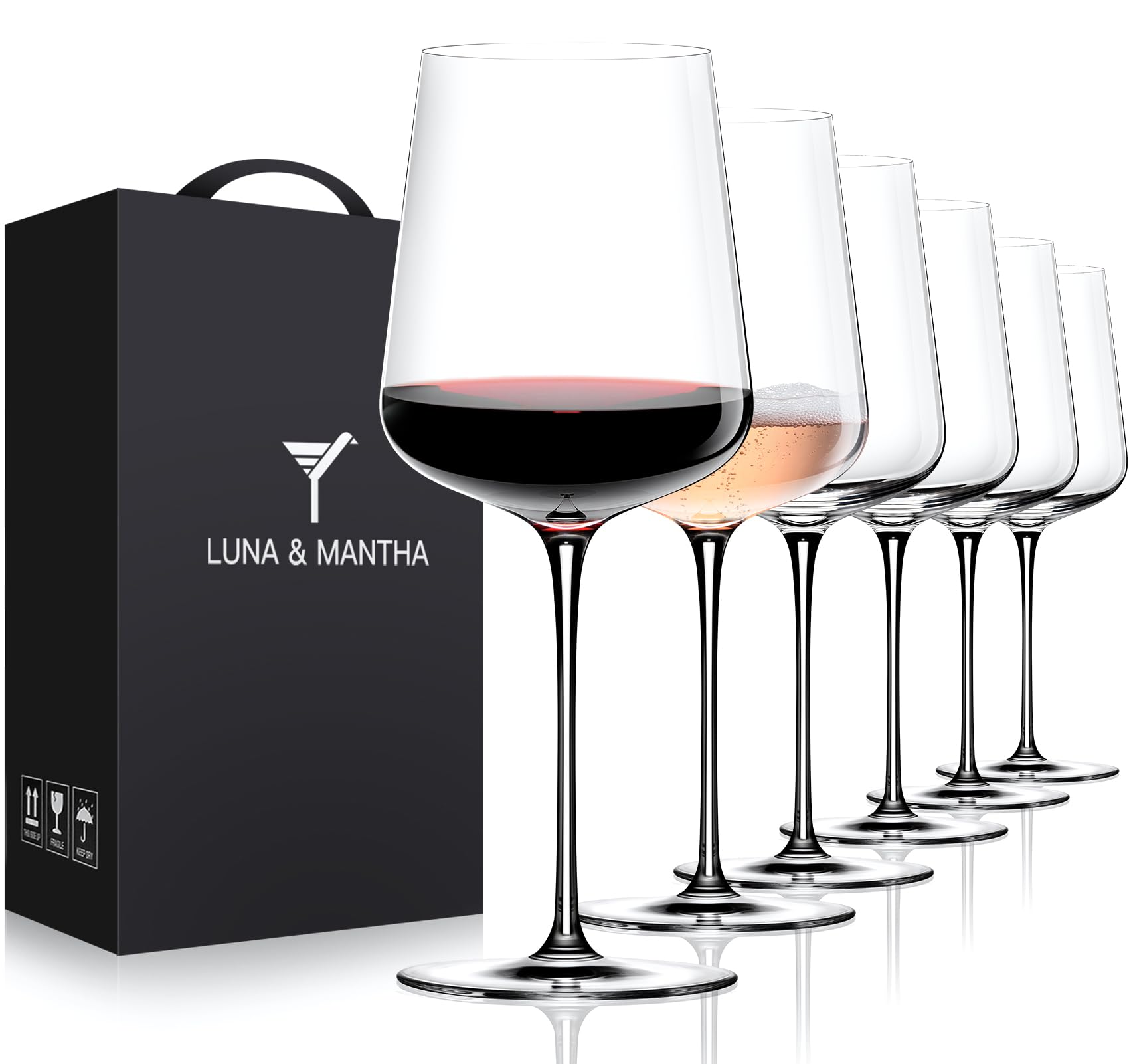 LUNA & MANTHA Wine Glasses Set of 6, 15 oz Crystal Red Wine Glass with Stem, Hand Blown, Ideal for Daily Use, Party, Great Gift for Birthdays, Christmas