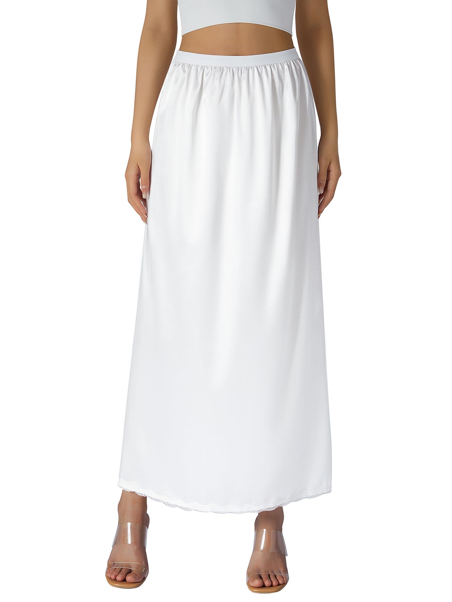 Women Satin Half Slips Soft Elastic Low Rise Long Underskirt Vintage Lace Slips for Under Dress