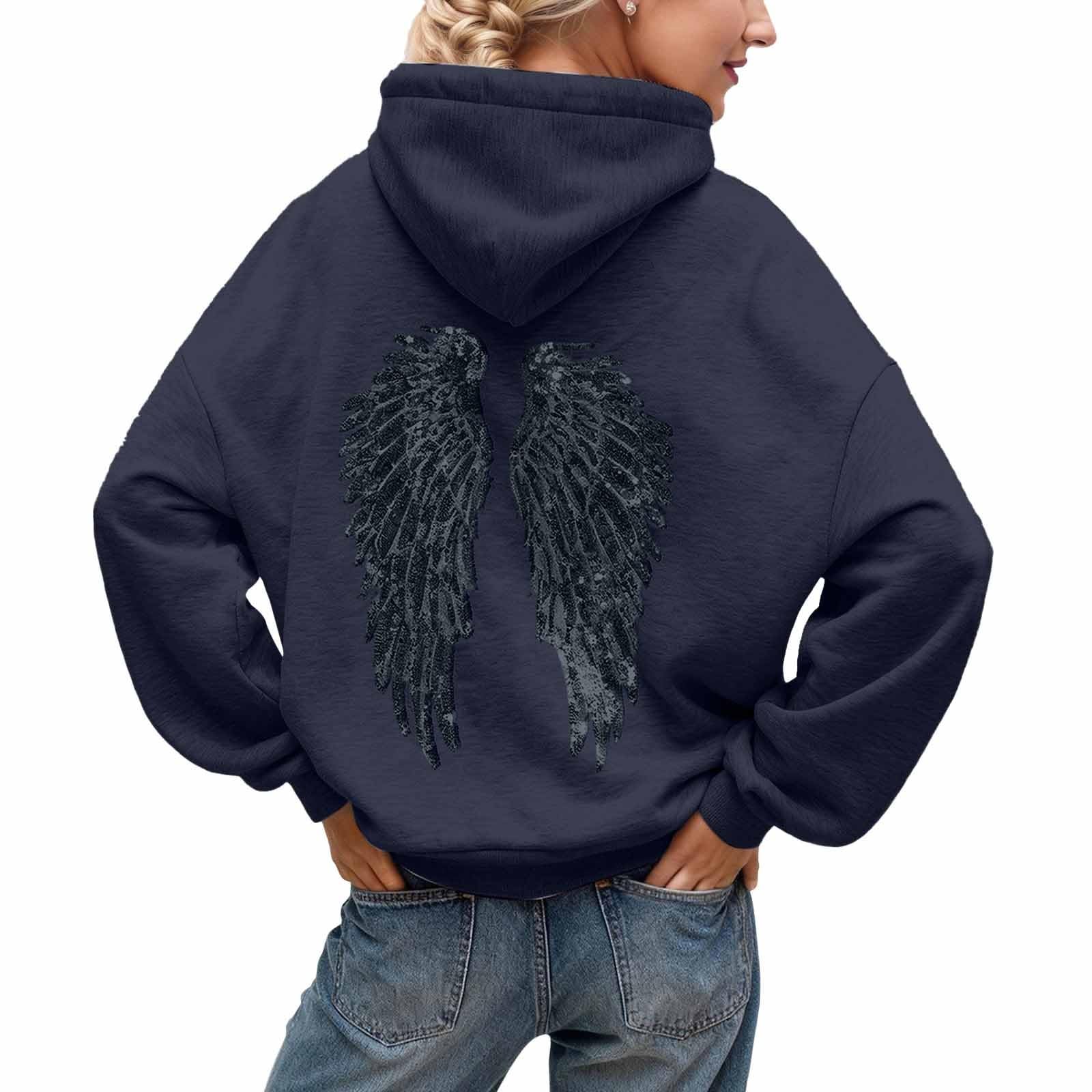 Angel Hoodie Sweat a Capuche Femme avec Ailes d'ange en Strass et Poches Pull Ange Casual Longue Hoodie Femme Automne et Hiver Sweatshirt Chaud Streetwear Sweat Sport Vêtements