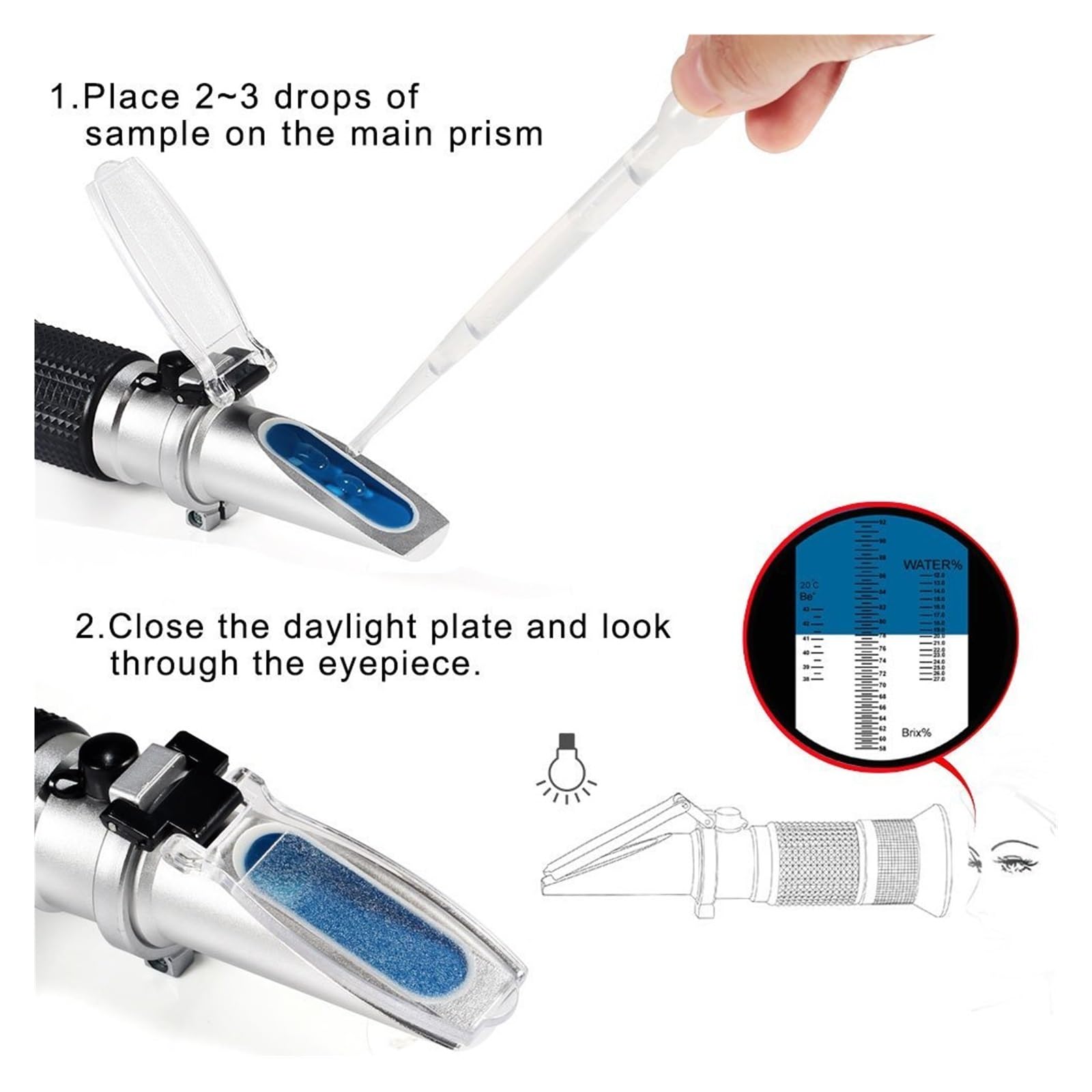 Brix-Refraktometer, digitales, Hydrometer, Handrefraktometer, Refraktionswerkzeuge, 58–90% 38–43 Be Baume Honigwein, Wassergehalt (12–27%), langlebig und einfach zu bedienen
