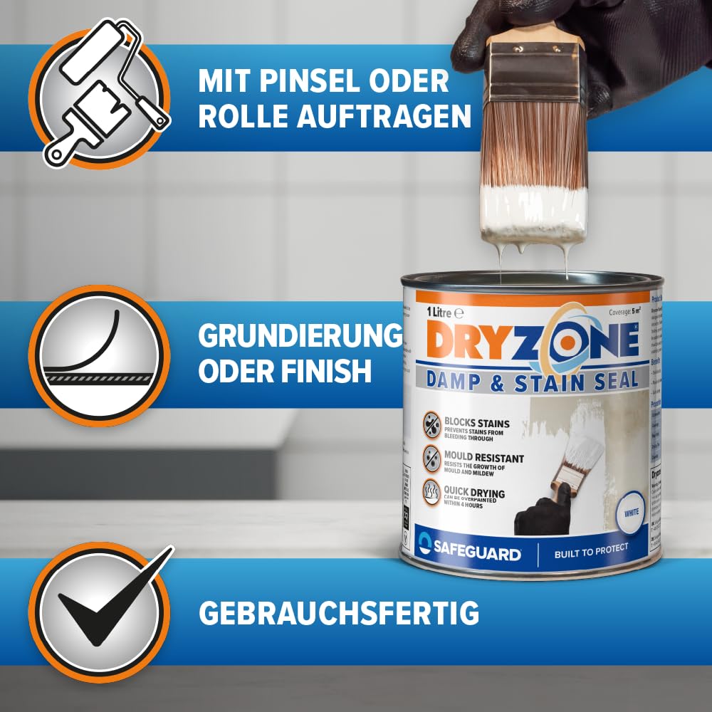 Dryzone Feuchtigkeits und Flecken Blocker - Isolierweiß (500 ml) - Fleckenblocker, Isoliergrund, hochdeckende Wandfarbe für Zement, Stein, Mörtel