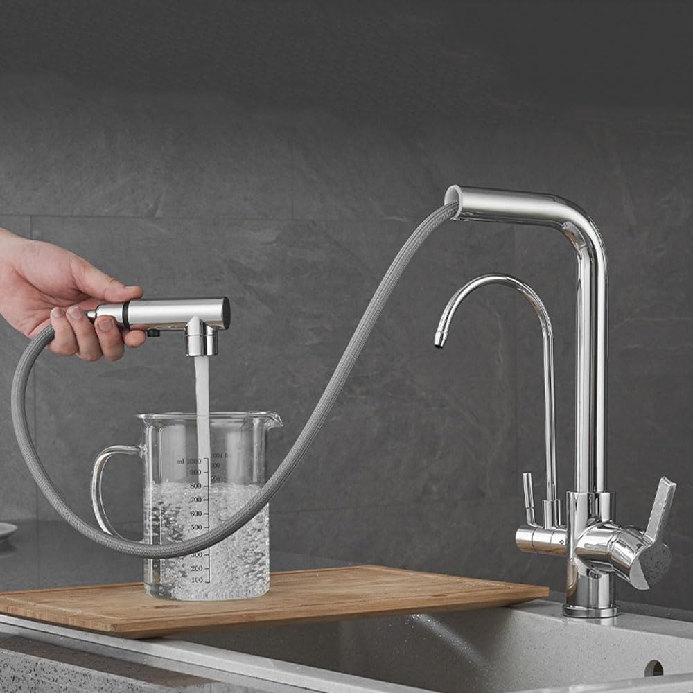 Grifo de Cocina de 3 Vías con Filtro de Agua, Grifos de Cocina con Ducha Extraíble 2 Mangos, Grifo de Cocina de Latón, Grifos Mezcladores Kchen Giratorios de 1 Orificio, Cromo