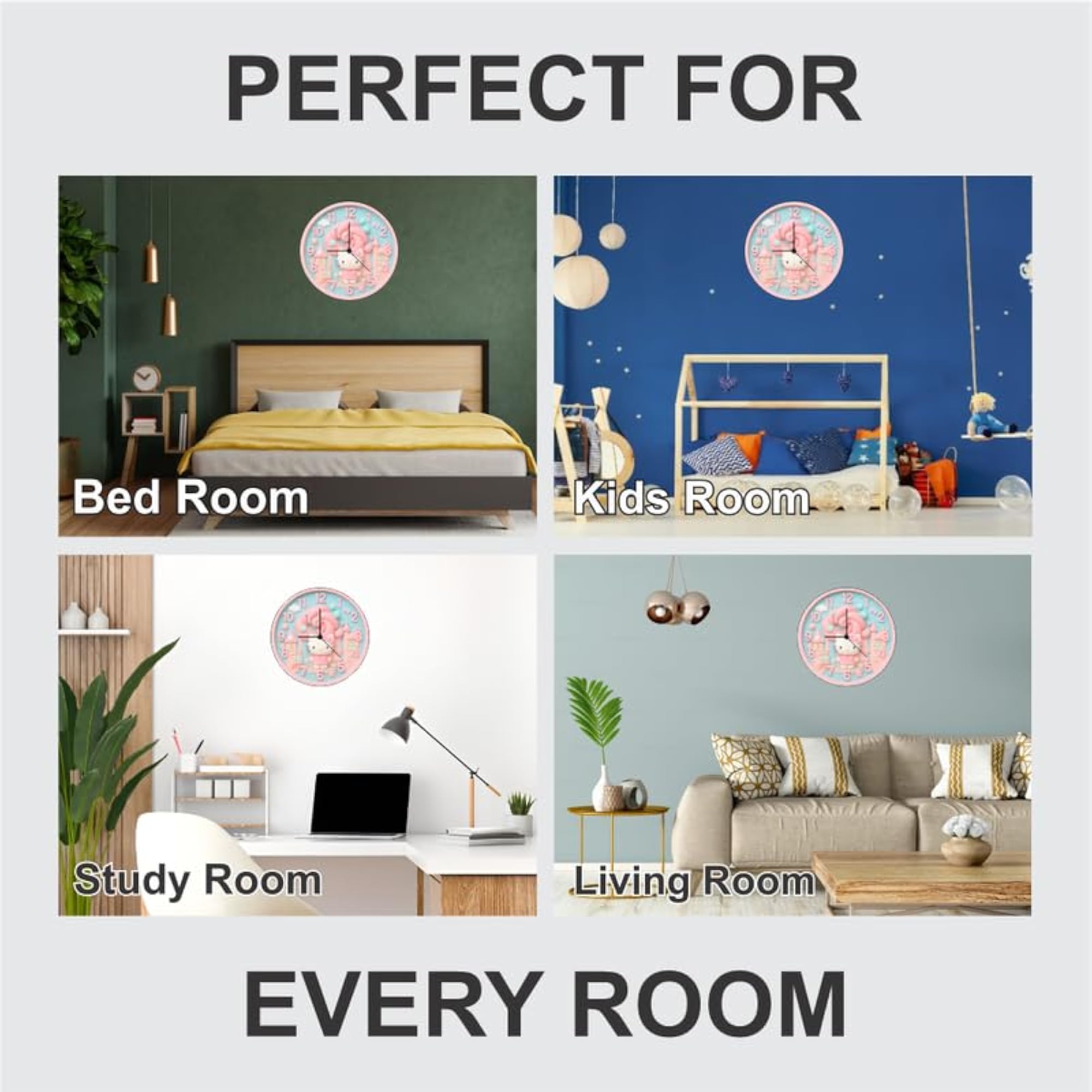 Cute Kitty Wall Clock for Kids Room, 12 Inch Silent Quartz