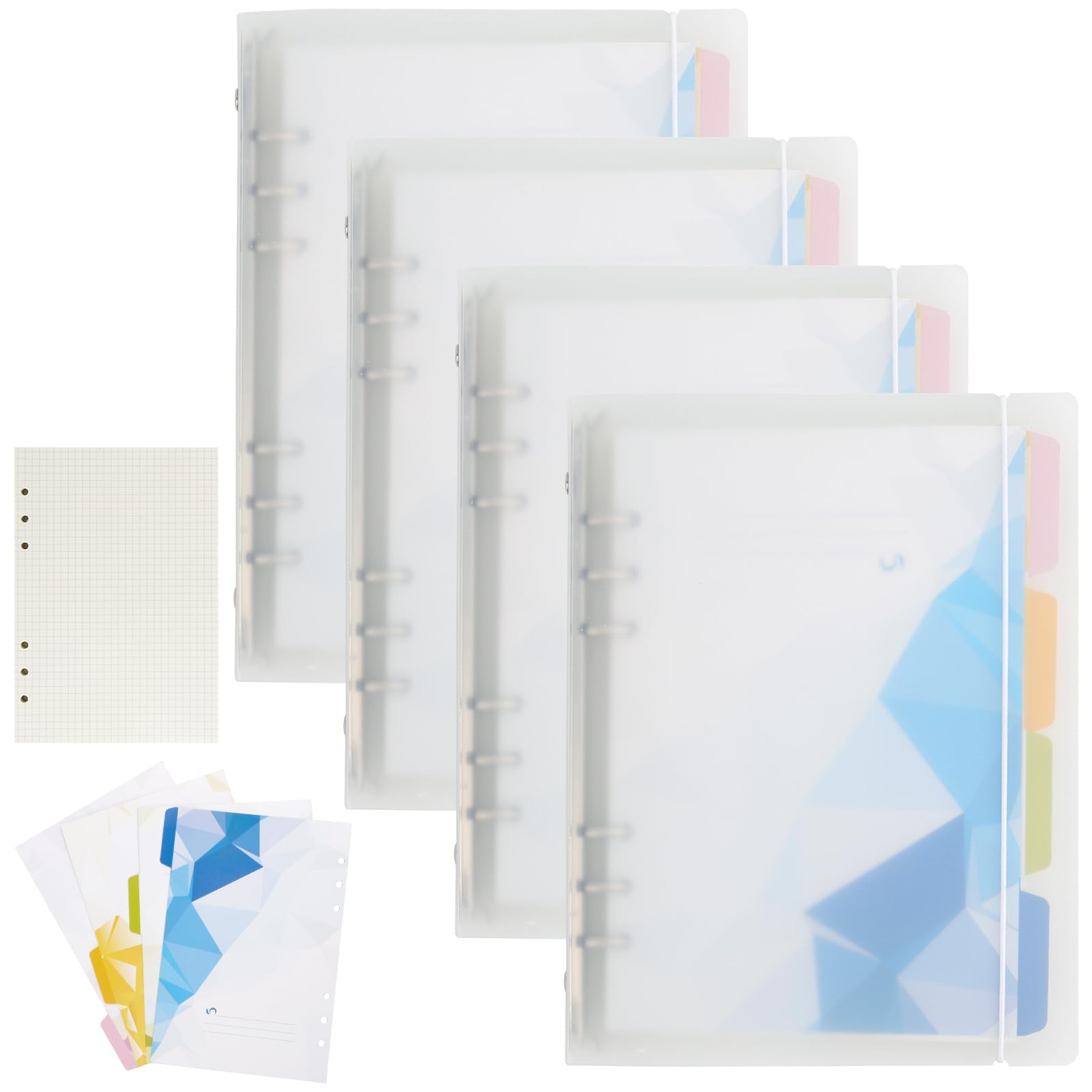 4 sztuki, segregator A5, w kratkę, do uzupełniania, notatnik A5, blok spiralny w kratkę, z 4 kolorowymi przekładkami i 80 arkuszami papieru w kratkę, 6 otworów, papier uzupełniający, notatnik