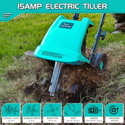 15 Amp 12 Inch Electric Tiller/Cultivator with 4 Steel Tines Small Garden Tiller for Gardening, Corded Rototiller with A - Additional View