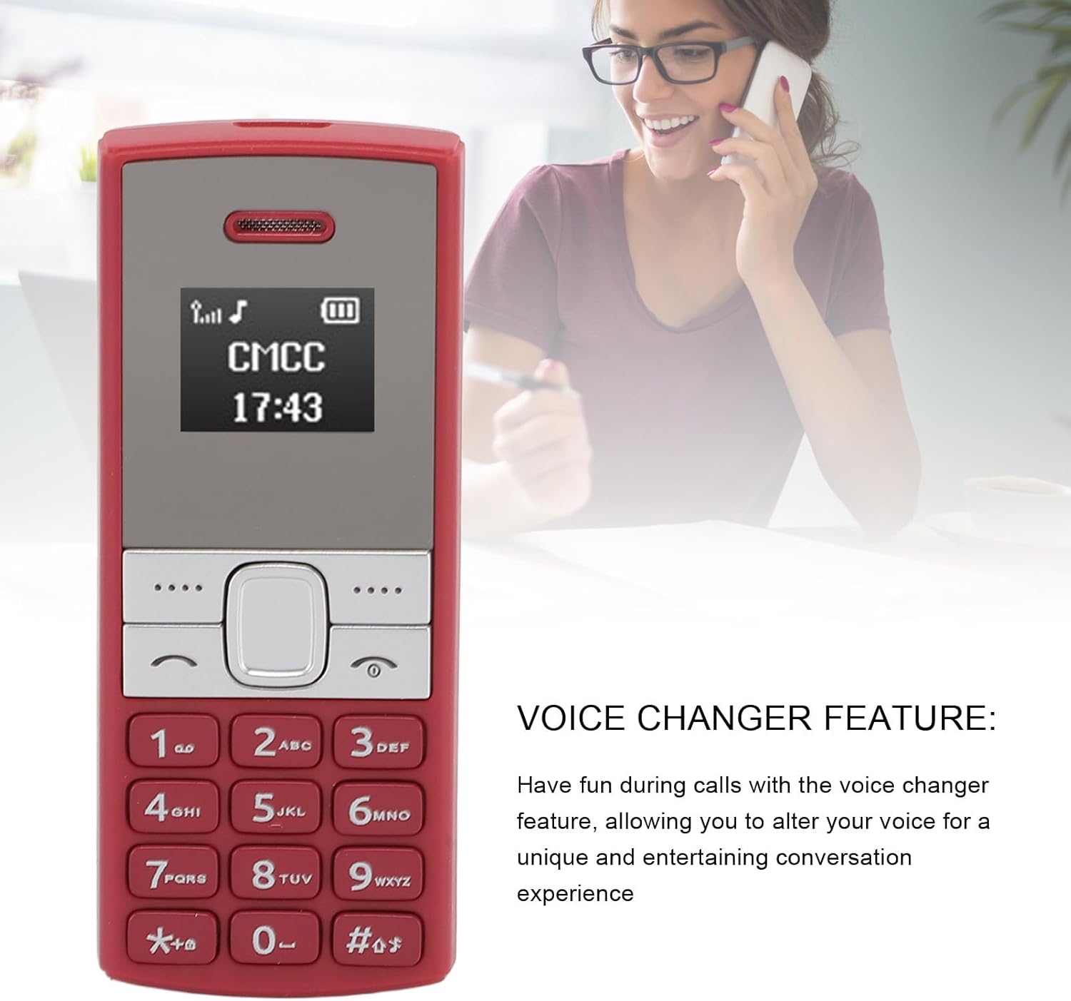 Bewinner BM150 Tiny Mini Mobile Phone with text 'VOICE CHANGER FEATURE' and a person using a phone