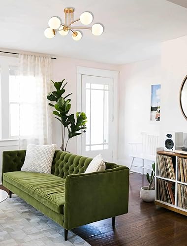 Miniatura 3 de CLAXY Lámpara de techo dorada de mediados de siglo, lámpara de techo semiempotrada con forma de globo de ópalo de 6 luces Sputnik para dormitorio,