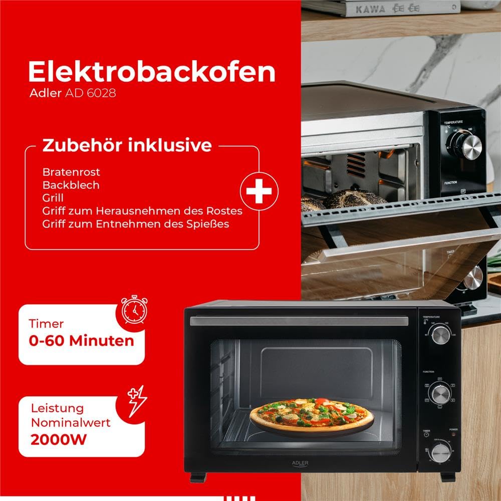 ADLER EUROPE AD 6028 Elektrobackofen 60 Liter, Mini-Backofen mit Umluft, Drehspieß, Timer, 5 Heizmodi, 2000W, Doppelglastür, Backblech und Grillrost, Schwarz
