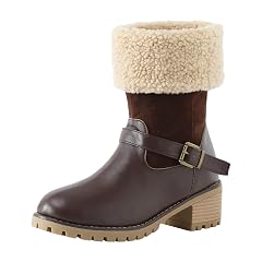 Womens Fleece Lined Boots Warm Waterproof Winter Fur Lining Leather Boots Non-Slip Platform Chunky Heel Mid-Calf Boot Comfortable