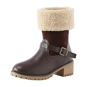 Womens Fleece Lined Boots Warm Waterproof Winter Fur Lining Leather Boots Non-Slip Platform Chunky Heel Mid-Calf Boot Comfortable