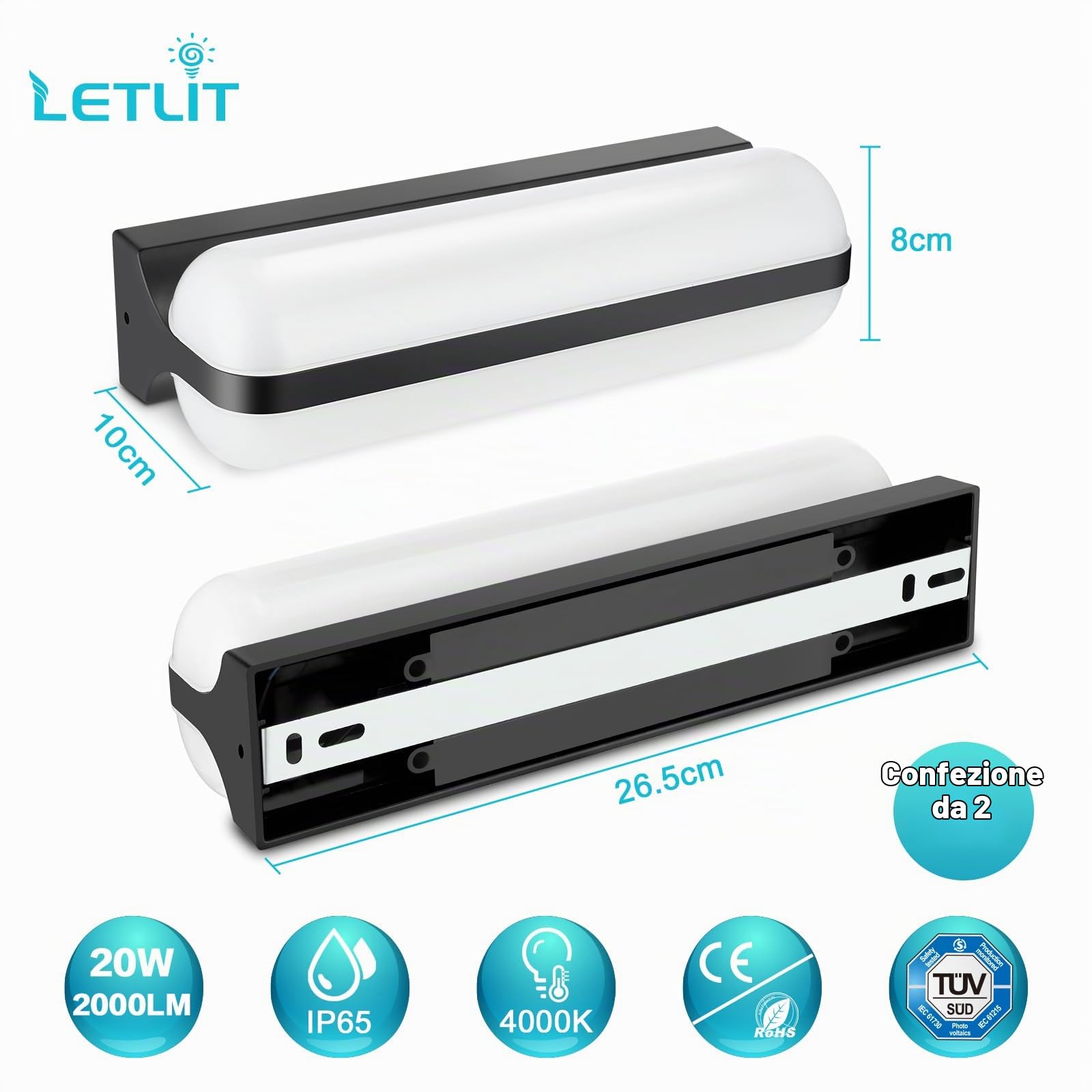 20W Applique da Parete LED Interno - 2 Pezzi Nero, IP65 Lampada da Esterno a Parete Moderna, 2000LM 4000K Luci Up-and-Down Illuminazione, Luce Bagno da Muro per Corridoio Garage Giardino Scale
