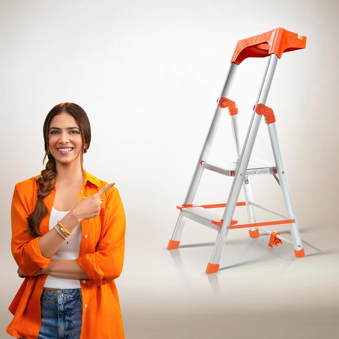 PROHOME Aluminium Ladder for Home 2 Steps Foldable with Tool Tray & Anti-Skid Wide Steps | Multi-Purpose Heavy Duty Ladder, Kitchen & Household | 250 Kg Load Capacity | 5 Year Warranty (Orange)-image-43