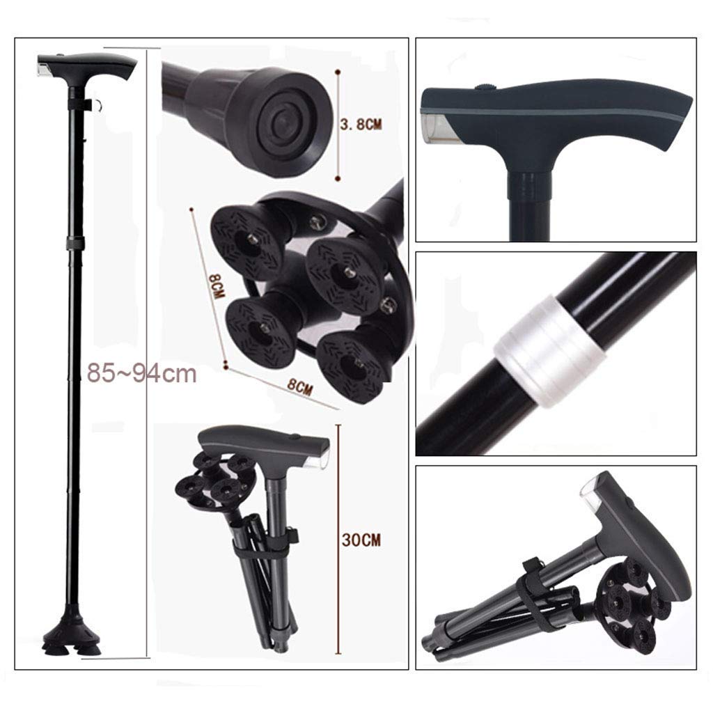MObyat Andador para Ancianos,Bastón para Caminar con muleta Plegable, muletas médicas Antideslizantes para Ancianos, Andador Ligero, Multifuncional, Ajustable, de aleación de Aluminio con luz LED
