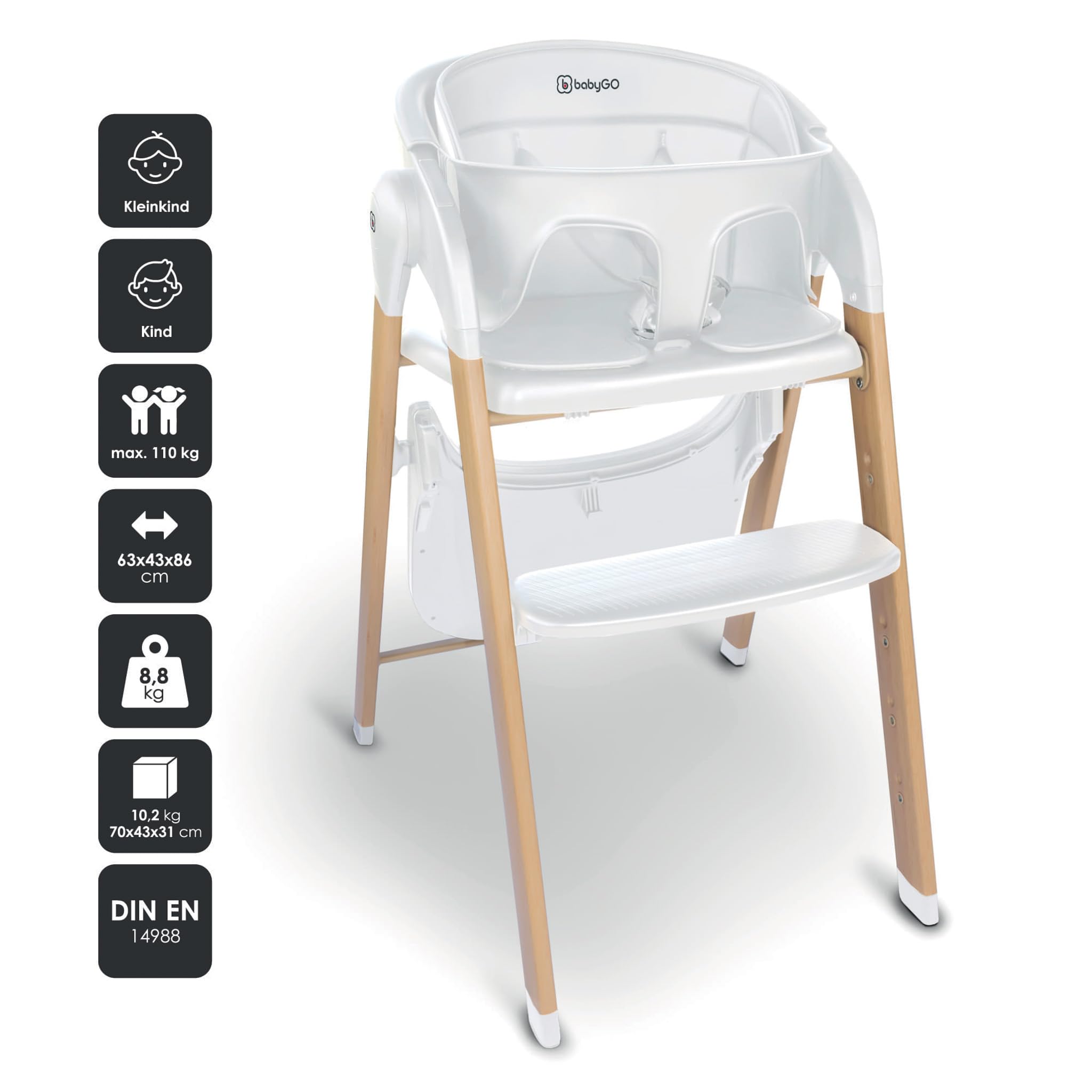 babyGO Levels Hochstuhl Newborn – mitwachsender Hochstuhl, klappbar, belastbar bis 110 kg, verstellbare Fußstütze, abnehmbarer Tisch (Weiß)