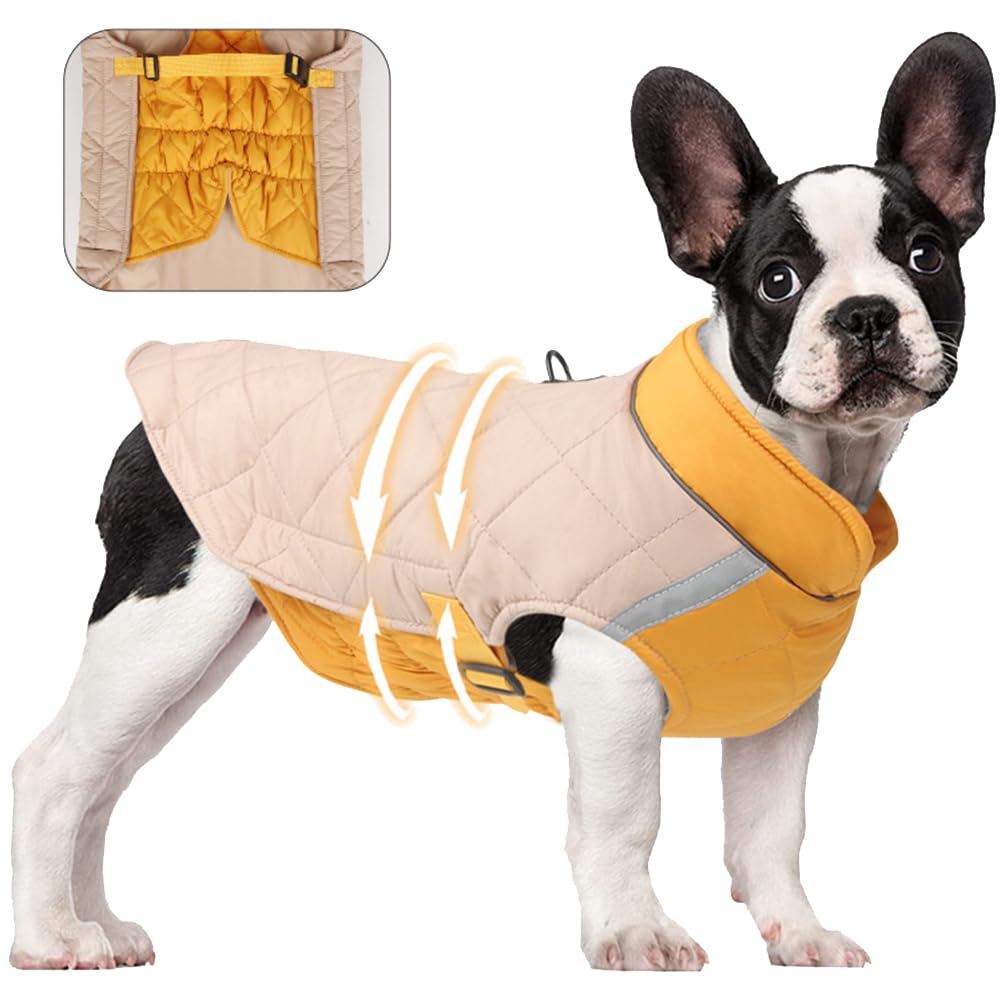 Warm Dog Coat Waterproof Winter Jacket Reflective with D-Ring Warm Coats & Jackets with Underbelly Adjustable for Small Medium Large Dogs Outdoor Clothes,BeigeYellow,M