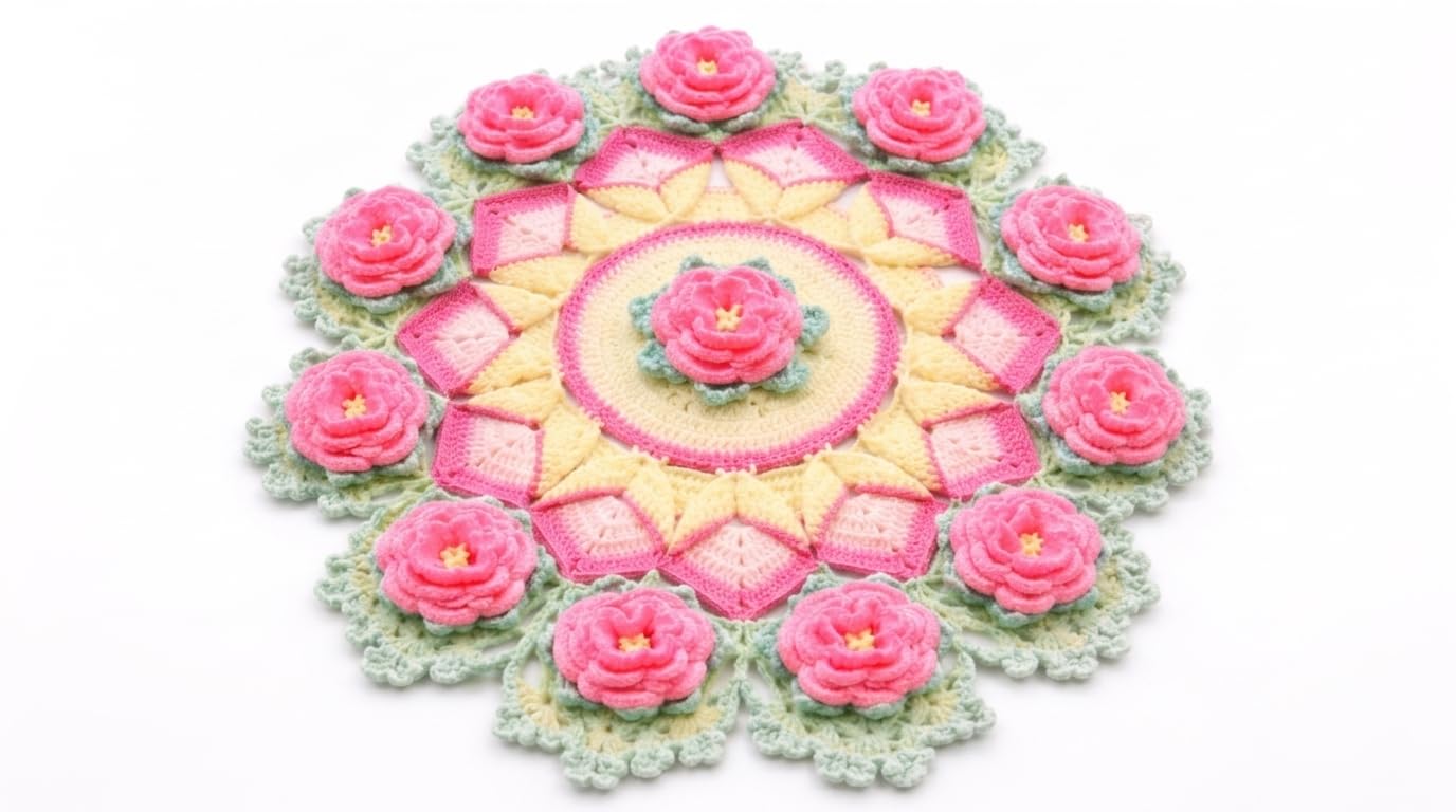 24 Inch Handmade Crochet Floral Thalposh for Pooja Thali Cover | Premium Soft Yarn, Round Table Mat, Mandir Decor, 3D Rose Crochet Centerpiece-image-30