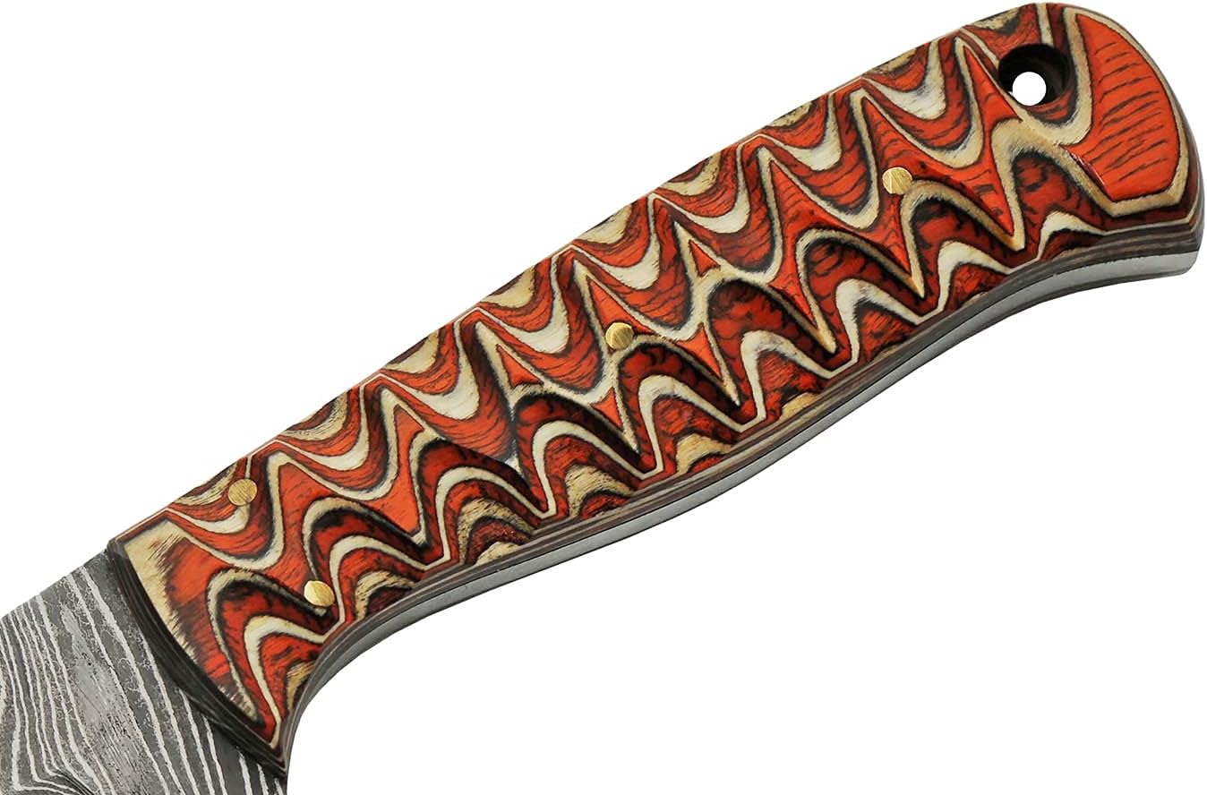 SANZ Damascus Hunting Knife 8 Inch - Firewood Skinning Knife with Grooved Wood Handle, Full Tang Blade & Sheath - Pocket Knife for Hunting, Camping & Outdoor uses