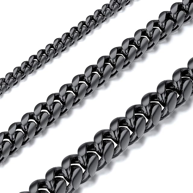 Richsteel Compact Cuban Chain Necklace, 6MM/10MM/14MM Wide, 14",18",20",22",24",26",28",30" Length, Gold/Black Color, Stainless Steel Jewelry Close-Knit Curb Necklace (Gift Packaging)