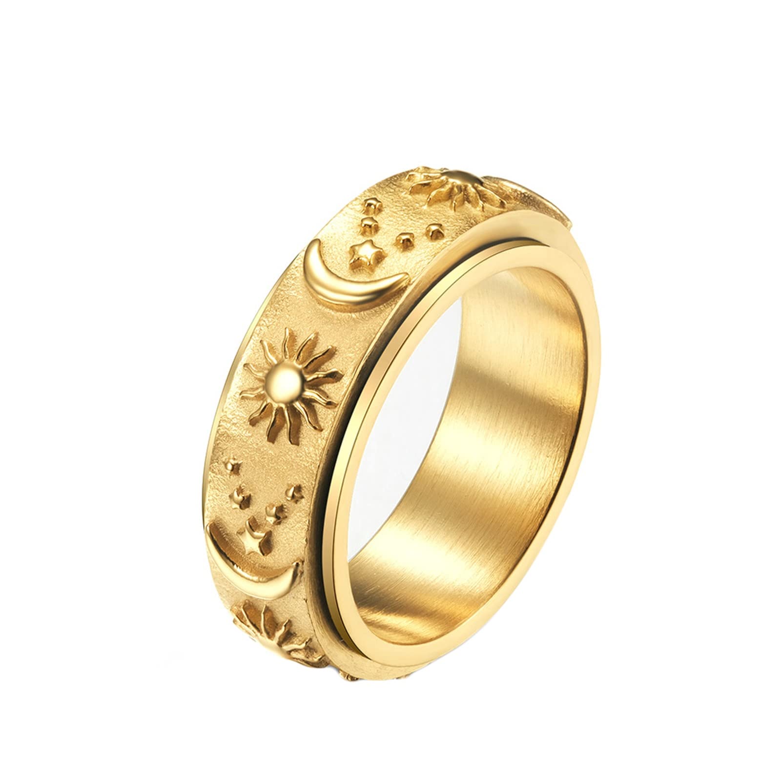 Epinki 8MM Anillos Hombre Acero, Anillo Giratorio Estrella Luna Sol Plata Anillo Antiestres