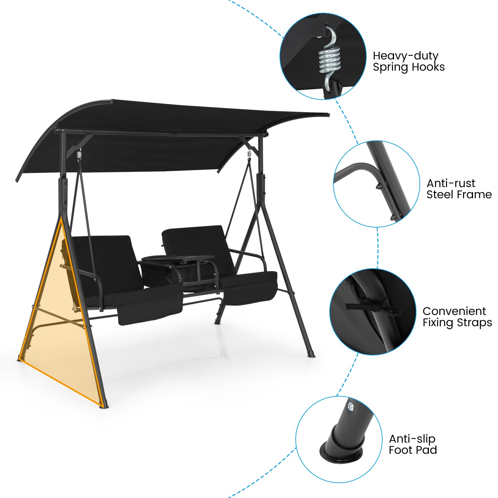 KOMFOTTEU Columpio de Jardín para 2 Personas, Balancín Terreza Exterior con Toldo Ajustable, Banco Mecedora con Bandeja y Bolsa de Refrigeración, para Balcón, Patio (Negro)