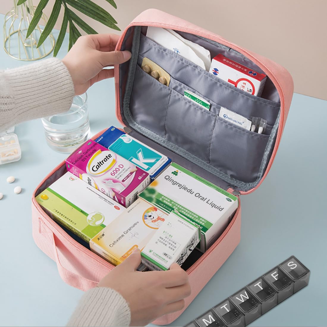 2 bolsas de medicamentos de gran capacidad para emergencias, vacías, impermeables, portátiles, para el hogar, la oficina, los viajes, color rosa
