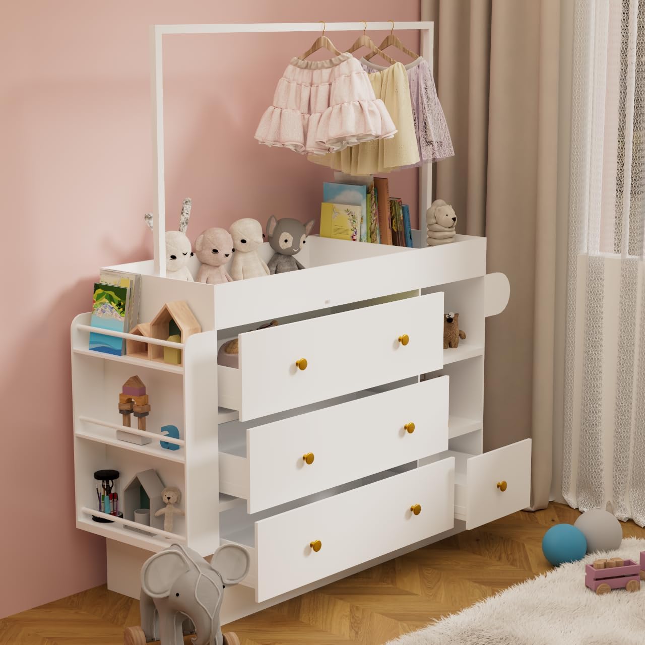 Modern Baby Changing Table with 3 Extra Deep Drawers, Multi Functional Nursery Dressing Table with Storage Shelves Hangers, White Wooden Baby Station with Integrated Drying Rack (1 Drawers + 1