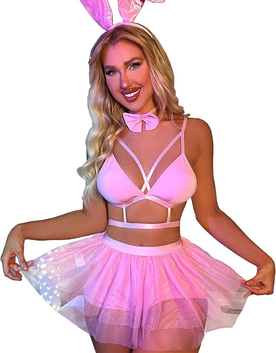 SNOMYRS Women's Sexy Bunny Rave Outfits Mesh Cosplay Lingerie Metallic Crop Top Pink Bodysuit Suit Festival Outfits Plus Size