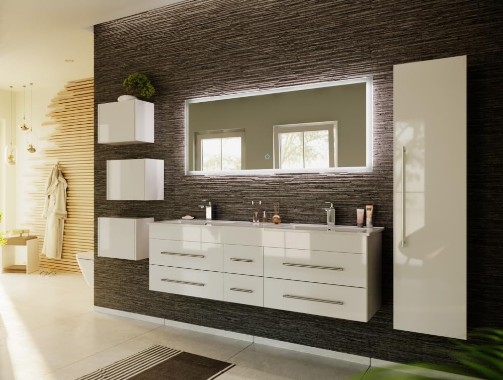 Magnolia Home Badmöbelset Roma XL 4-teilig LED-Spiegel Hochschrank 3er Boxen Farbe Weiss Hochglanz