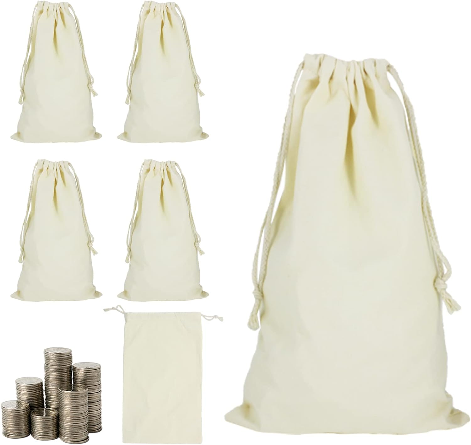 6 Pack 10x17” Coin Deposit Change Transit Bags Canvas Bank Coin Money Cash Bag Sacks with Drawstring Heavy Duty Sacks