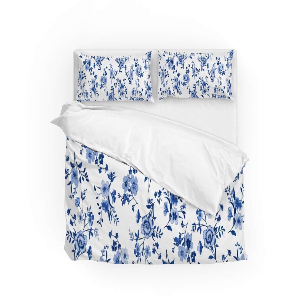 Parure de lit housse de couette fleurs bleues et 2 taies d'oreiller faciles d'entretien