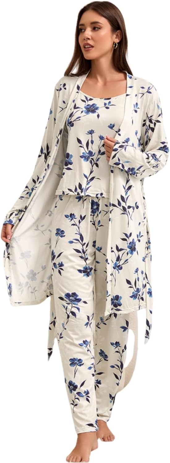 Tenna Teki Women's Floral Print Pajama Set with Robe -Lightweight Comfortable and Soft Sleepwear for Ladies