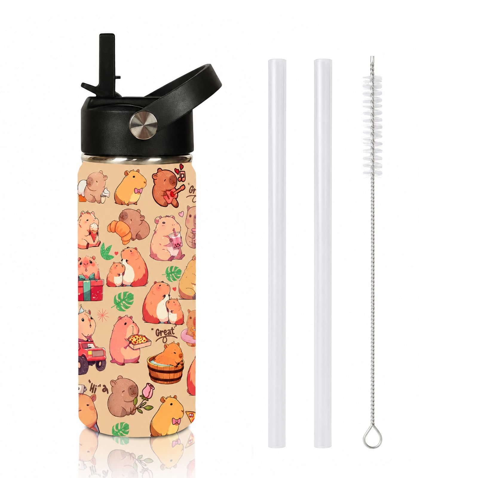 Pragma Capybara Water Bottle, 18oz Cute Water Bottle with Straw & Handle