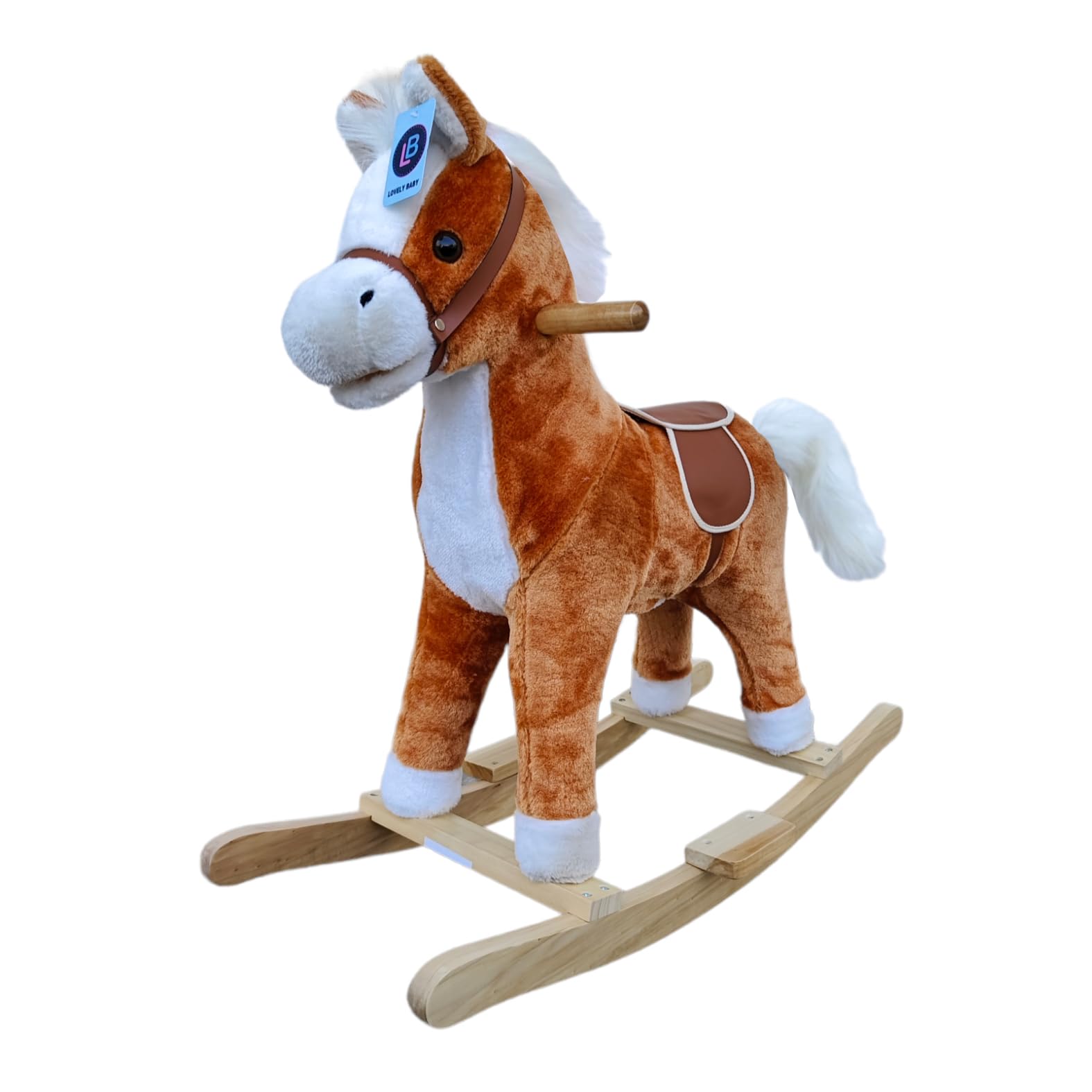 LB 501 Kids Rocking Horse with Wooden Base and Music, Soft Plush with Moving Tail and Mouth For the ages: 18months and above. Fully Assembled (Light Brown)