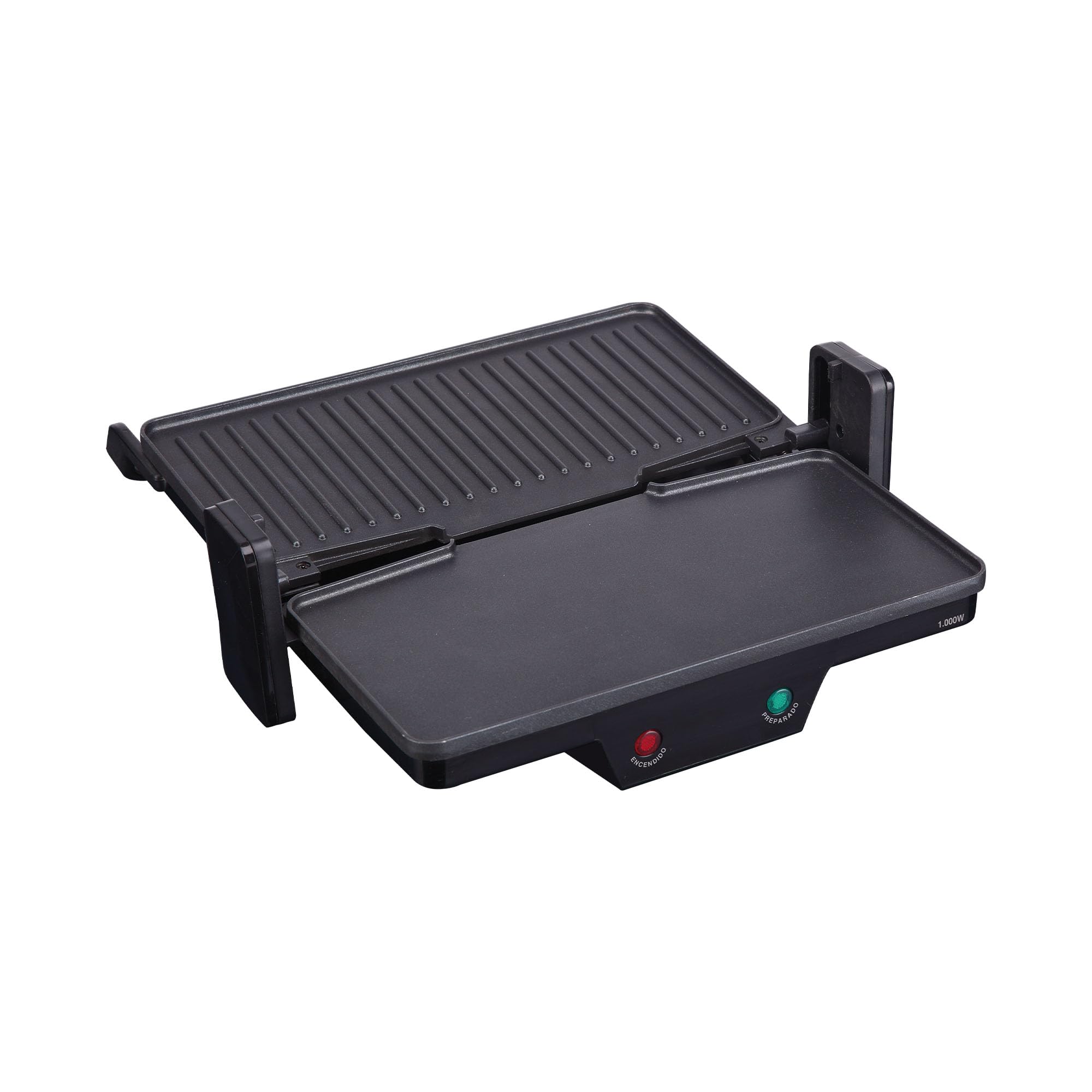JATA GR266 - Parrilla Electrica Grill. Plancha Eléctrica 3 en 1. 1000 W, Placas Mixtas Antiadherentes 27 x 14 cm, Placa Superior Baja Recta. Apertura 180 grados, libre de PFOA