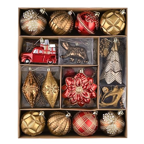 Valery Madelyn Christmas Tree Decorations Set, 80ct Red and Brown Shatterproof Christmas Ball Ornaments Bulk, Woodland Hanging Ornaments for Christmas Trees Xmas Holiday Decor