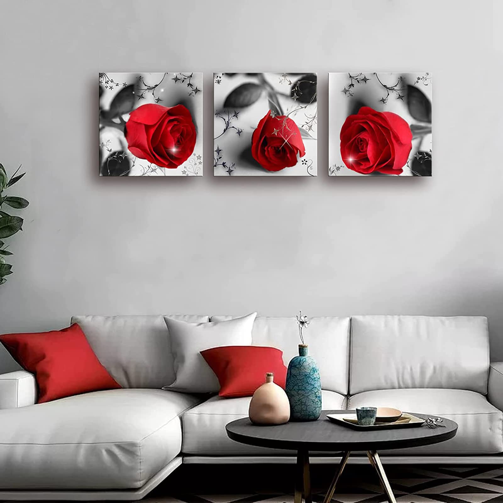 MESESE Red Rose Canvas Wall Art for Bedroom Decor,Red and Black Wall Decor Floral Artwork Flower Painting Picture for Bathroom Wall Decoration 3 Panels Ready to Hang 12"x12"