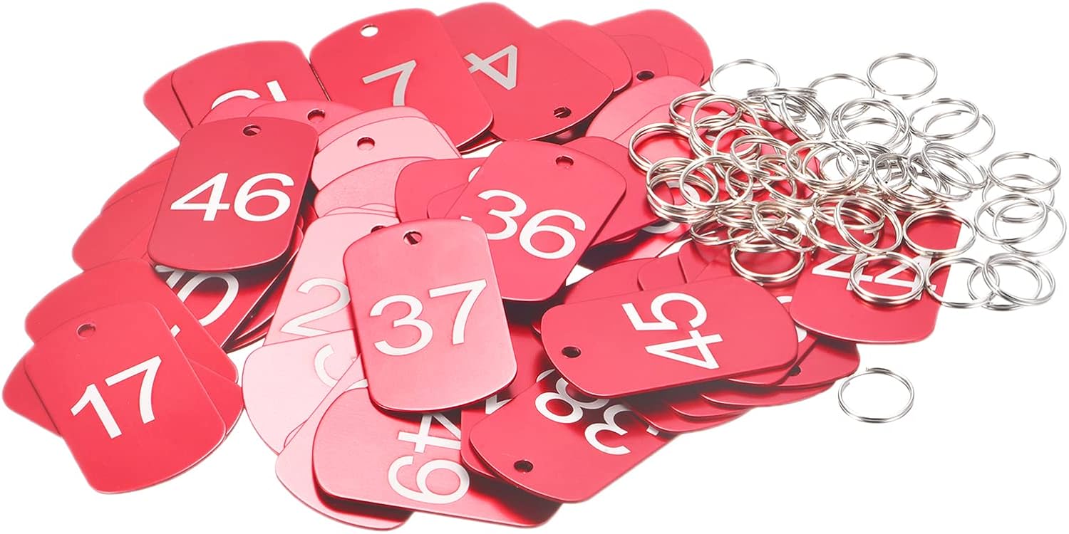 MECCANIXITY Numbered Tag, Aluminum Key Tags Metal ID Tags, 1-50 Number with Ring Red Rectangle for Decoration, Pack of 50