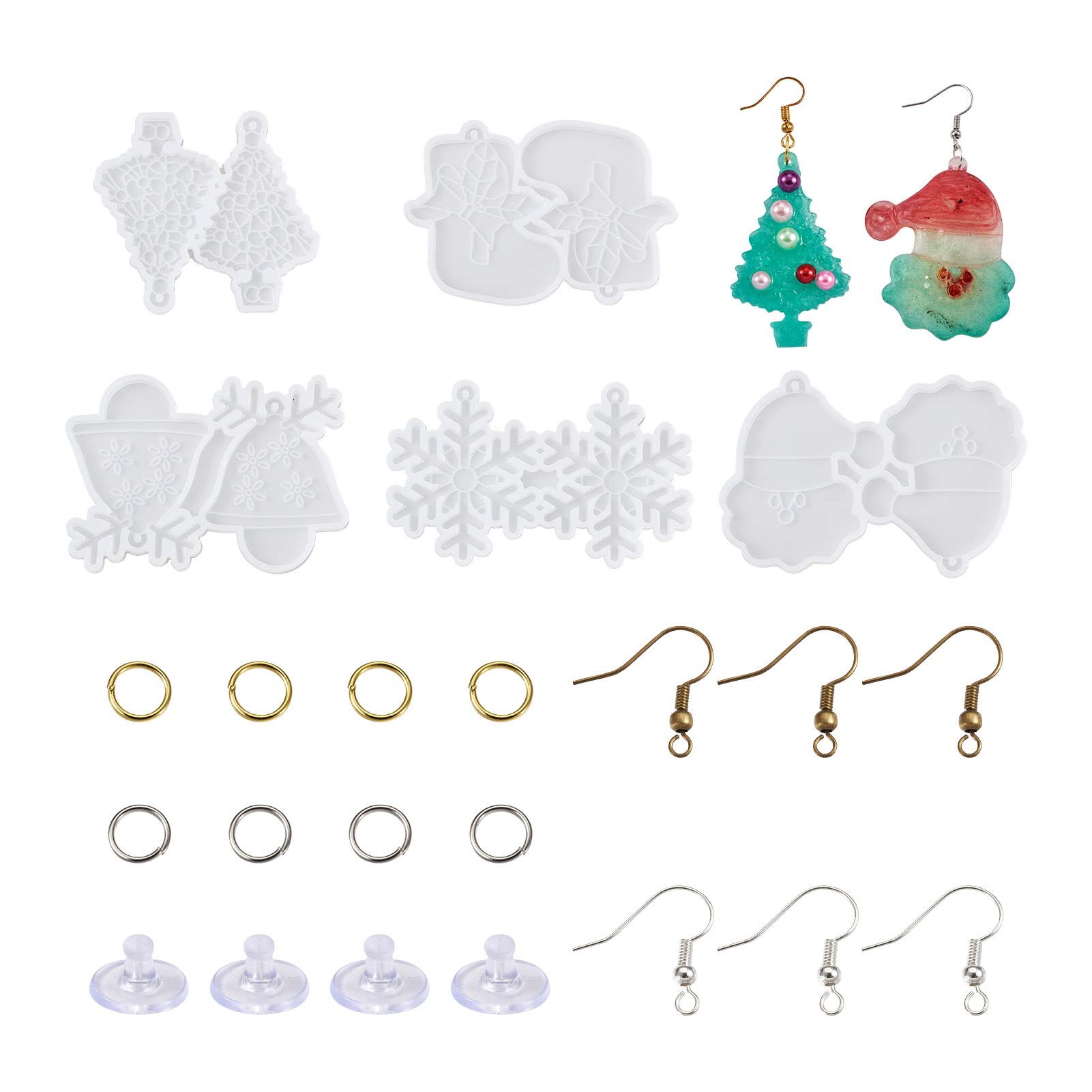Boutigem 5pcs Christmas Theme Silicone Mold Snowflake Bell Santa Claus Resin Mould with French Earring Hook Ear Nut for Dangle Earring Women Jewelry DIY Making