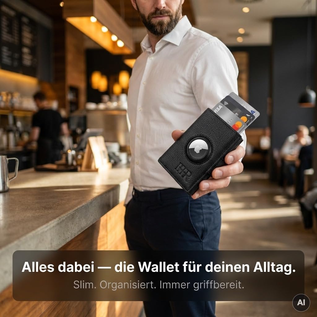 Geldbörse Herren Leder mit AirTag-Halterung, Portemonnaie Herren mit Münzfach & RFID-Schutz, Slim Pop-up Kartenfach für bis zu 10 Karten + ID-Fenster & Geldscheinfach, Schwarz