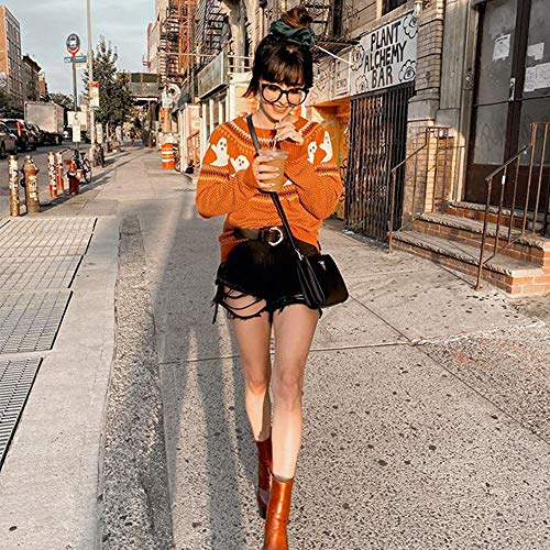 Yemocile Knitted Sweater For Women With Cute Ghost Pattern Gothic Streetwear With Long Sleeves For Girls Orange #TOP1