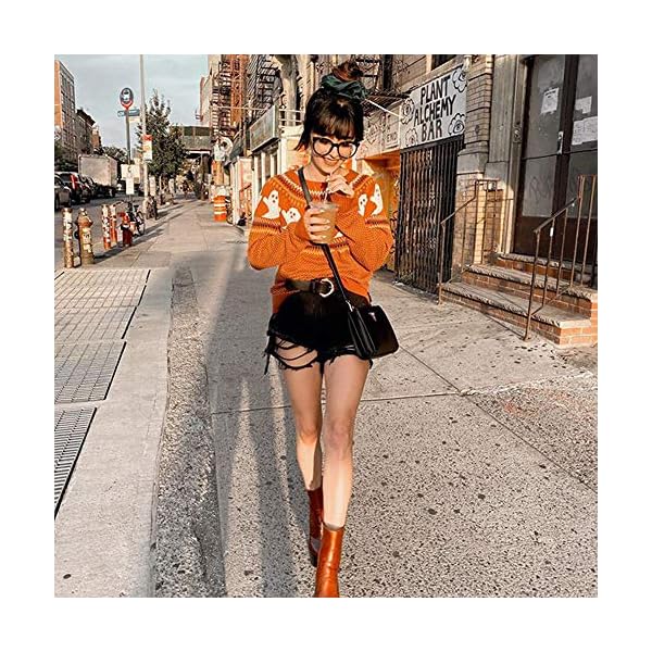 YEMOCILE Knitted Sweater for Women with Cute Ghost Pattern Gothic Streetwear with Long Sleeves for Girls Orange