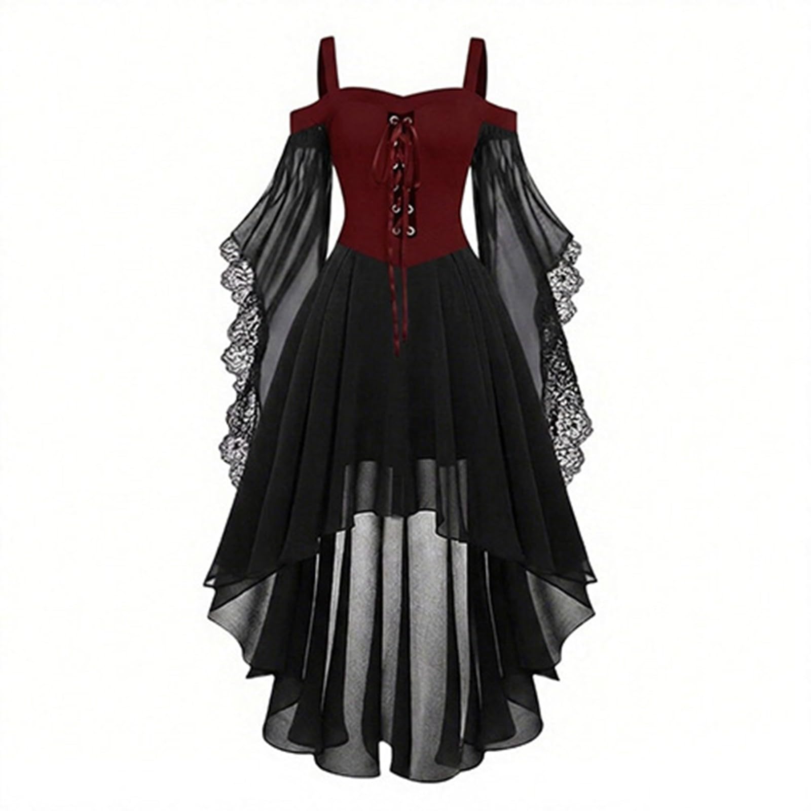 Halloween Costumes Adult Women Cold Shoulder Strap Gothic Dress A-Line Mesh Patchwork Medieval Costume Ladies Vintage Steampunk Lace Up Renaissance Irregular Hem Plus Size Gothic Witch Dresses
